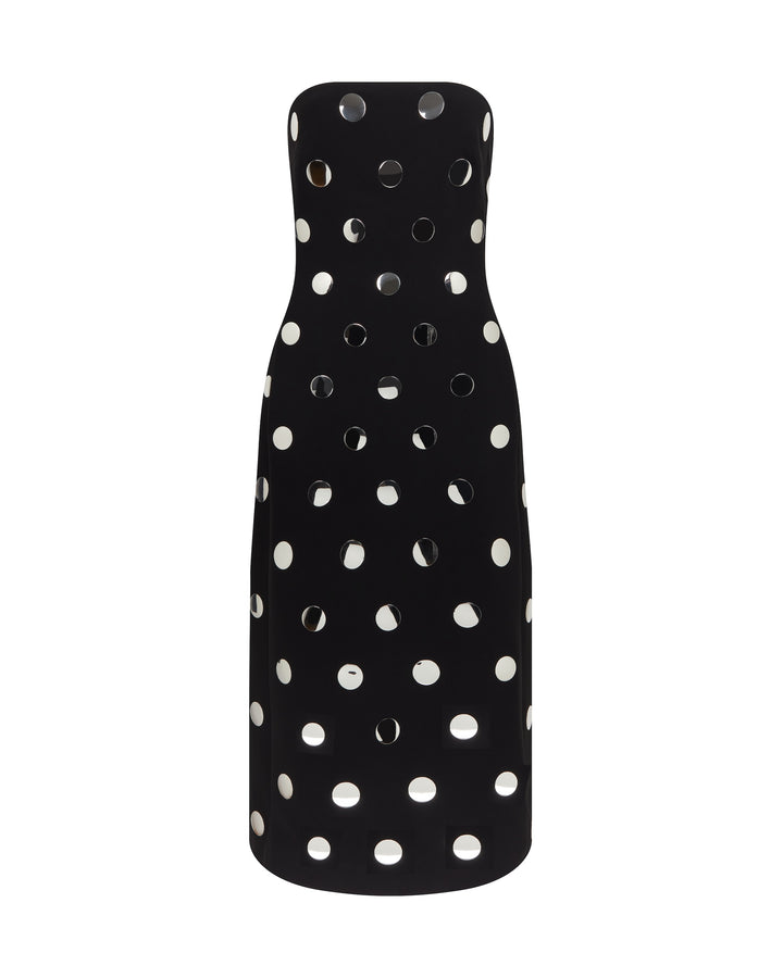 ALLOVER POLKA-DOT HOTFIX DETAIL STRAPLESS DRESS