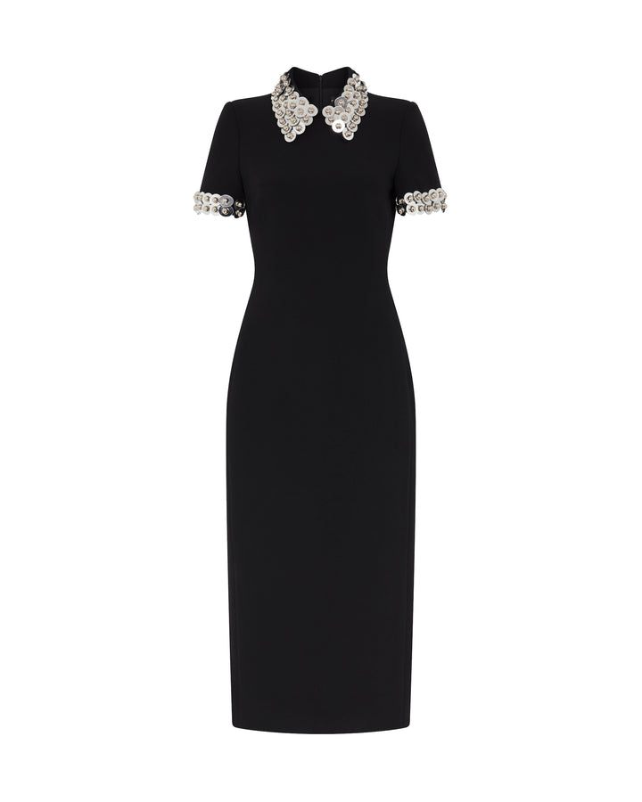 SILVER SPHERE COLLAR AND SLEEVE MIDI DRESS