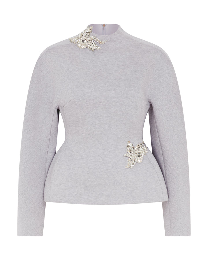 CRYSTAL BROOCH DETAIL PEPLUM TOP