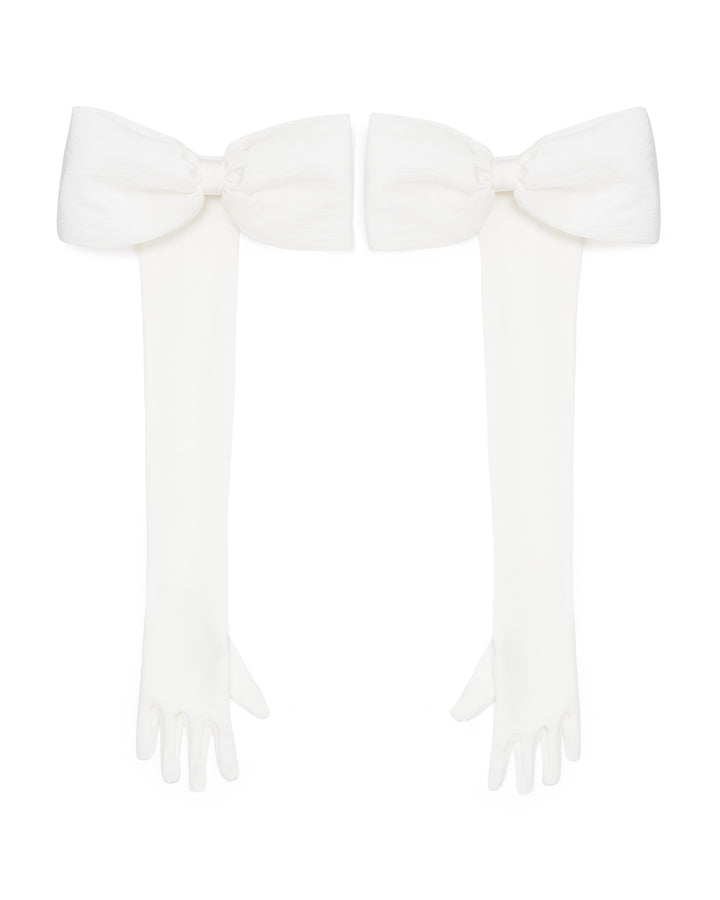 BOW DETAIL LONG JERSEY GLOVES IN WHITE