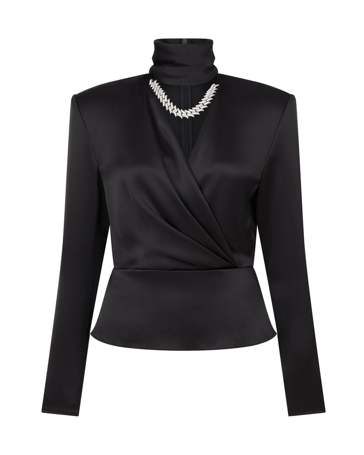 CRYSTAL FLAME CHAIN AND CHOKER WRAP TOP IN BLACK