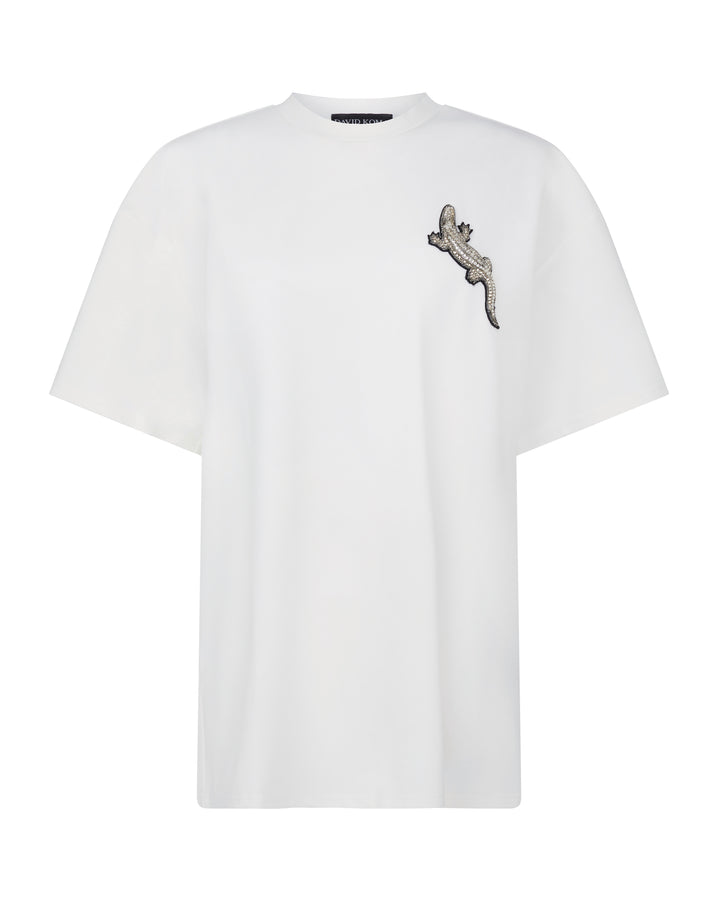 CRYSTAL CROCODILE T-SHIRT IN WHITE