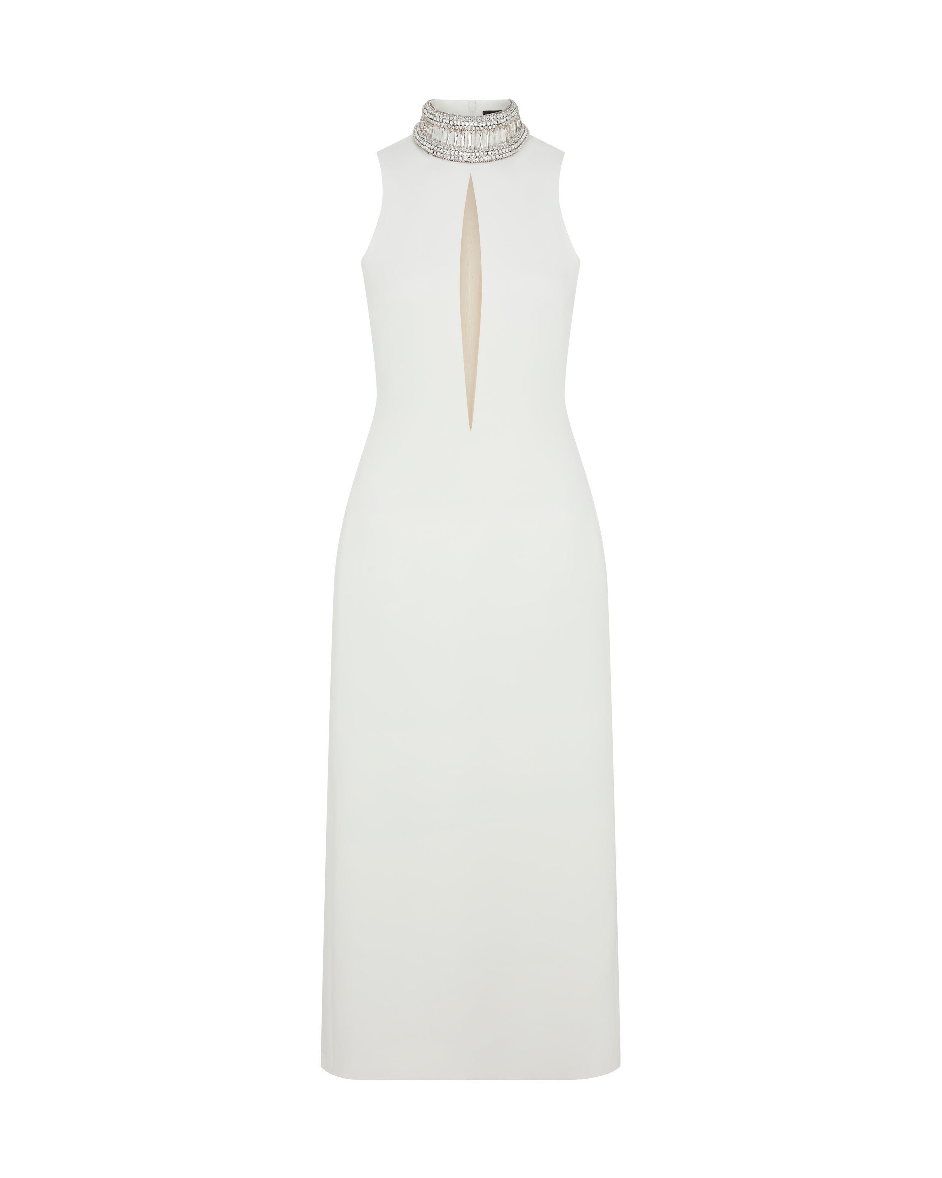david koma CRYSTAL EMBROIDERED HIGH COLLAR MIDI DRESS IN WHITE WHITE/SILVER