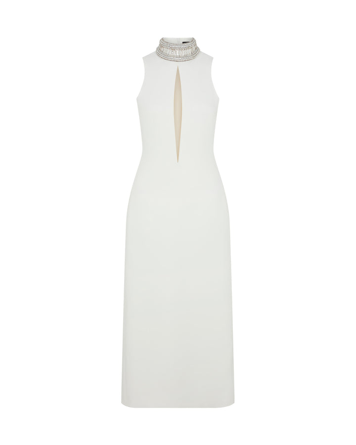 CRYSTAL EMBROIDERED HIGH COLLAR MIDI DRESS IN WHITE