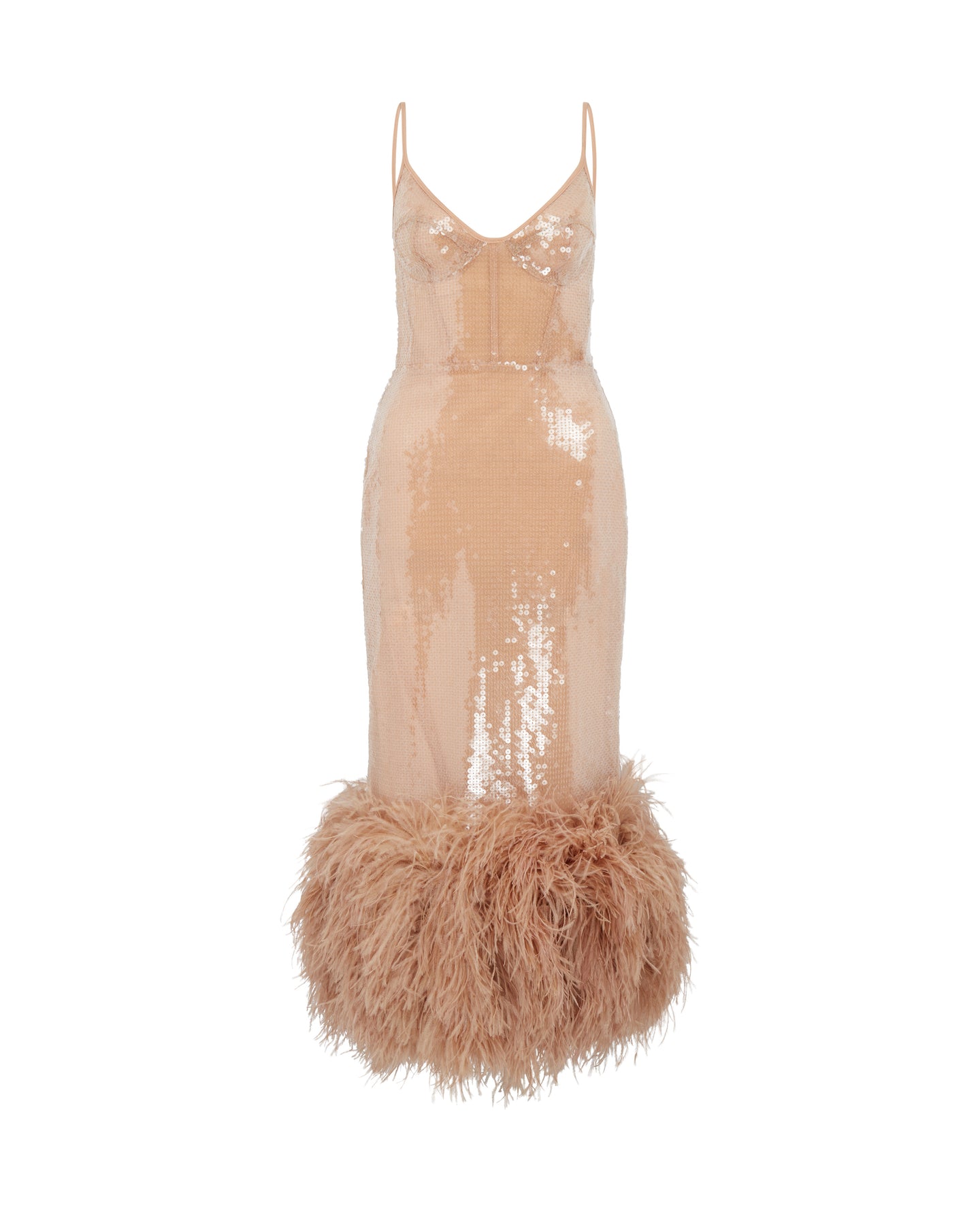 FEATHER HEM SEQUIN CAMI MIDI DRESS IN BEIGE – David Koma