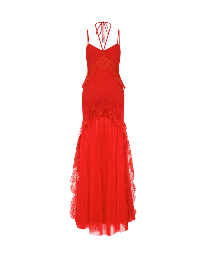PLEATED SKIRT AND LACE TRIM GOWN