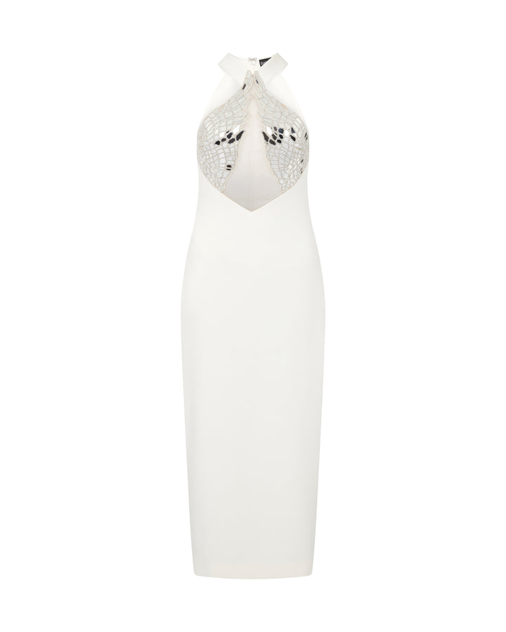 PLEXI & CRYSTAL WING EMBROIDERY MIDI DRESS