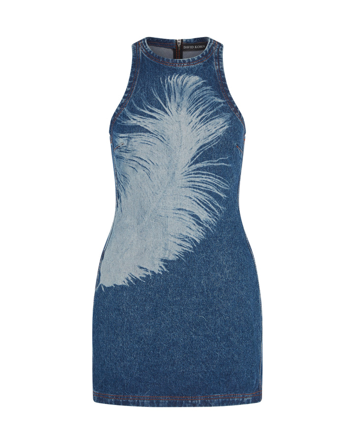 FEATHER PRINT MINI DENIM DRESS