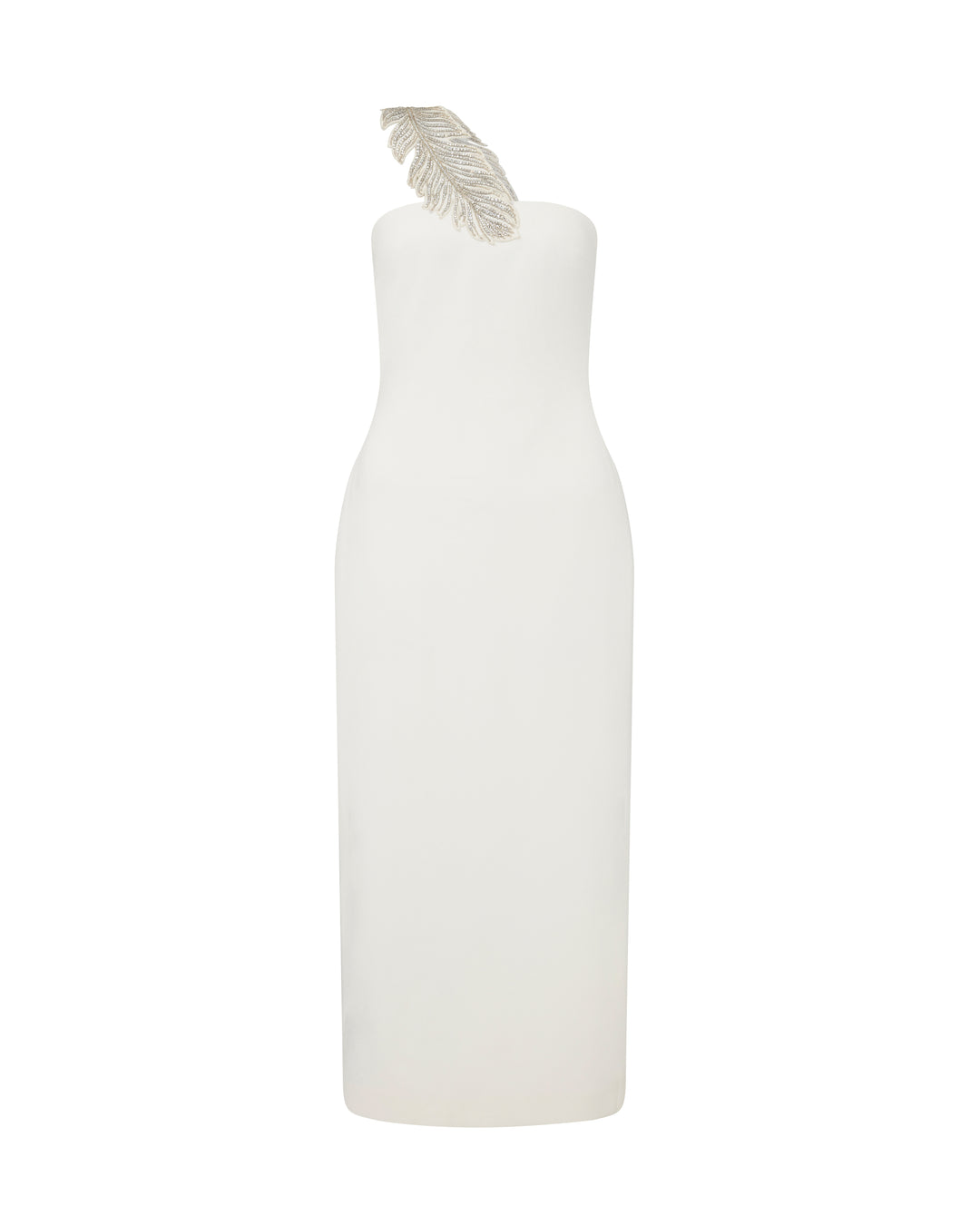CRYSTAL FEATHER ONE SHOULDER MIDI DRESS
