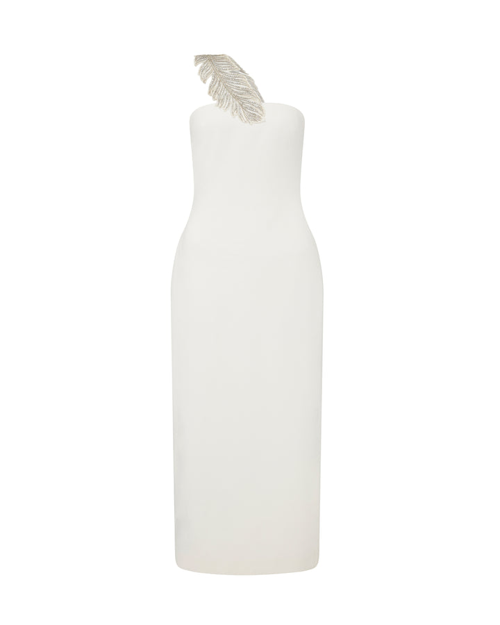 CRYSTAL FEATHER ONE SHOULDER MIDI DRESS