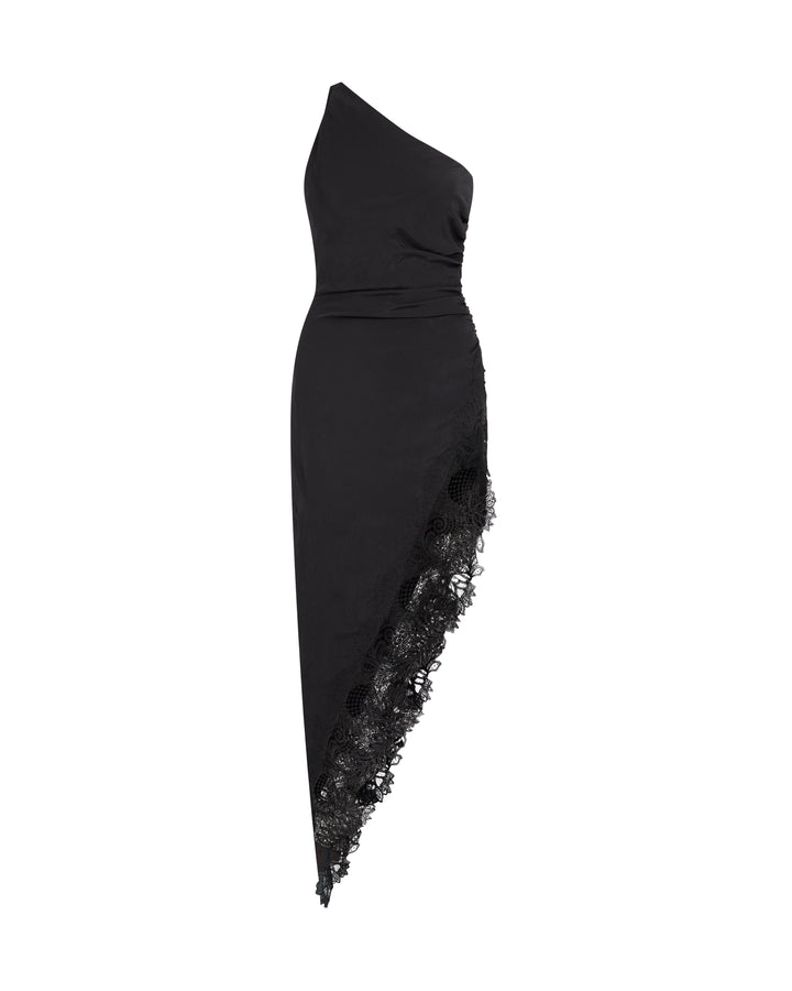 ASYMMETRIC RUCHED AND LACE MIDI DRESS