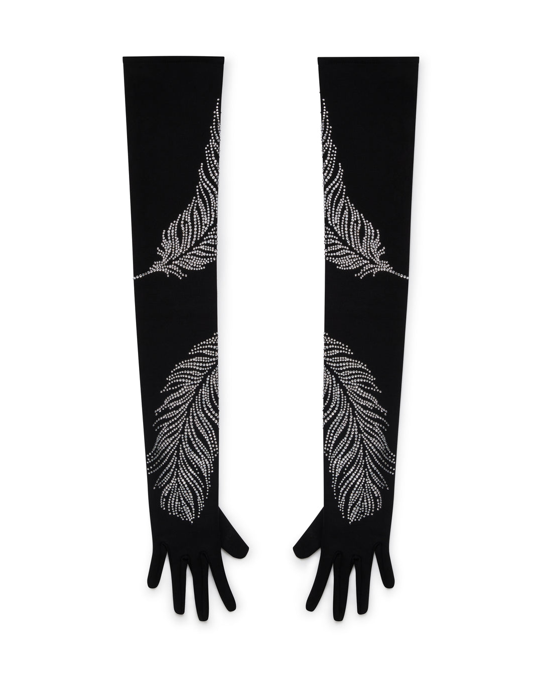 LONG CRYSTAL FEATHER GLOVES IN BLACK