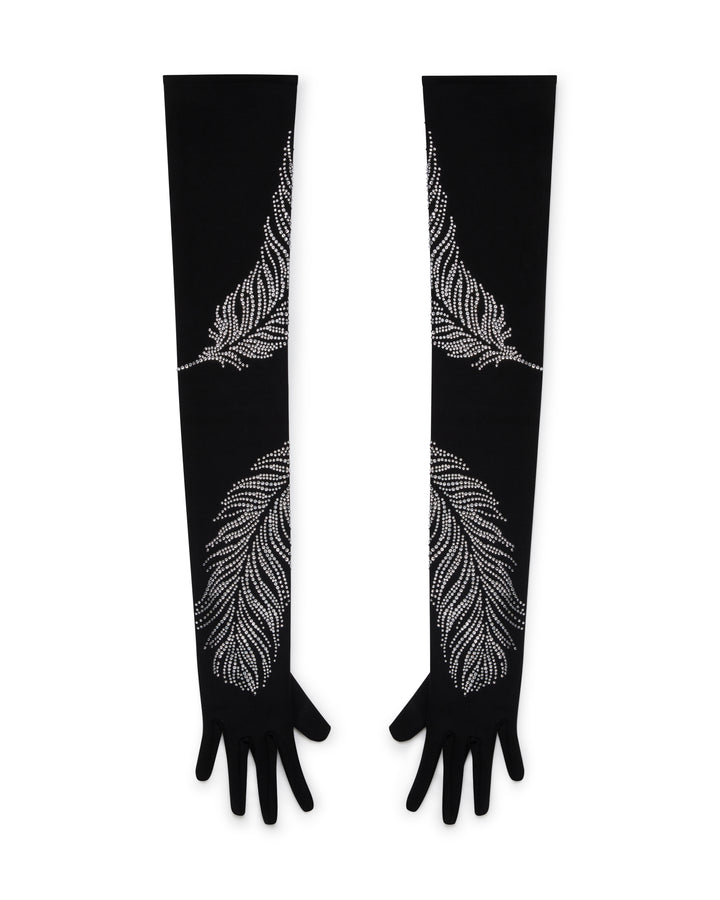 LONG CRYSTAL FEATHER GLOVES IN BLACK