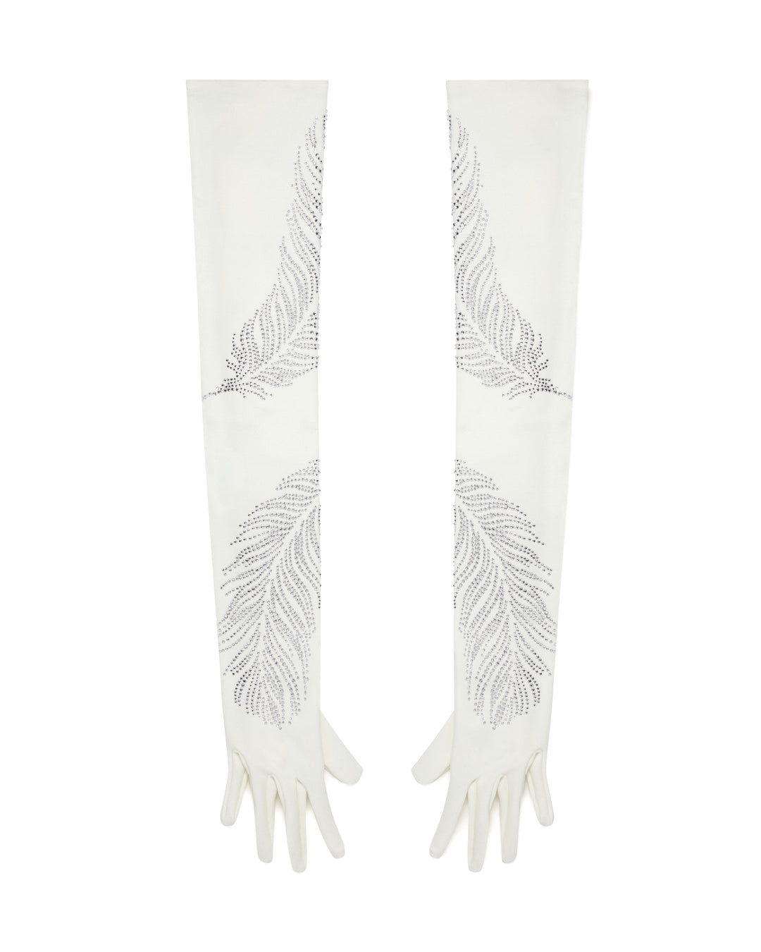 LONG CRYSTAL FEATHER GLOVES IN WHITE