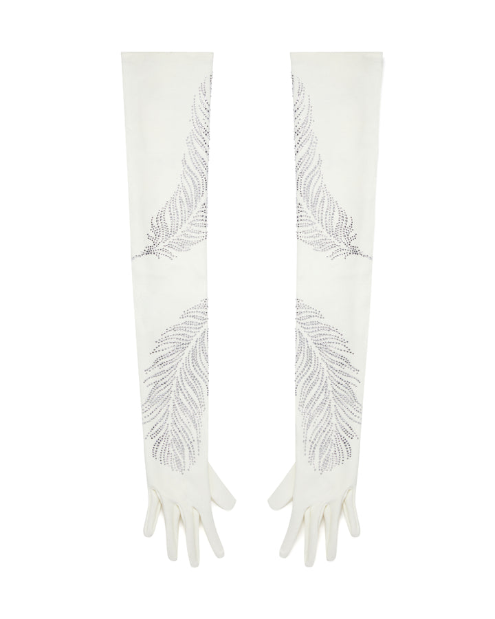 LONG CRYSTAL FEATHER GLOVES IN WHITE