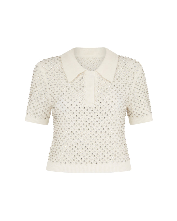 CRYSTAL EMBROIDERED POLO KNIT TOP