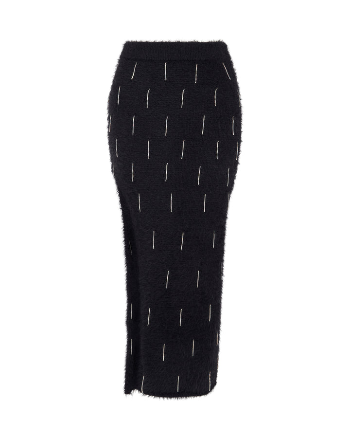 CRYSTAL EMBELLISHED KNIT MIDI SKIRT IN BLACK