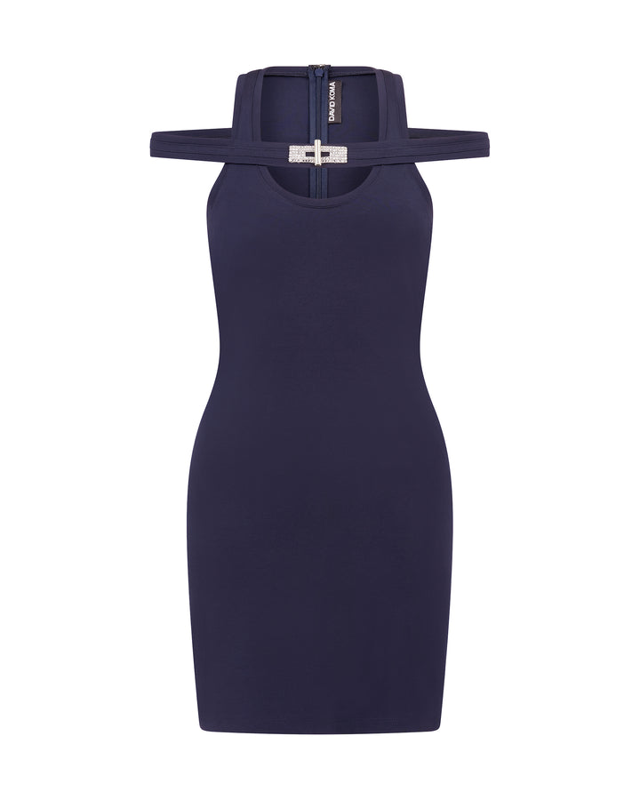 CRYSTAL BUCKLE DETAIL JERSEY MINI DRESS