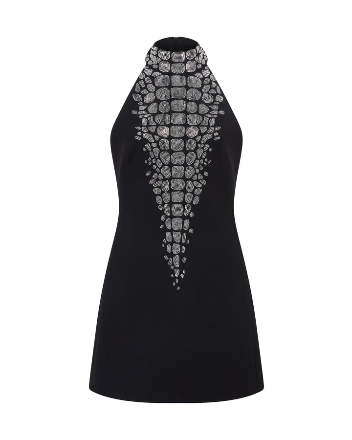 CROC RHINESTONE EMBROIDERY HALTERNECK MINI DRESS