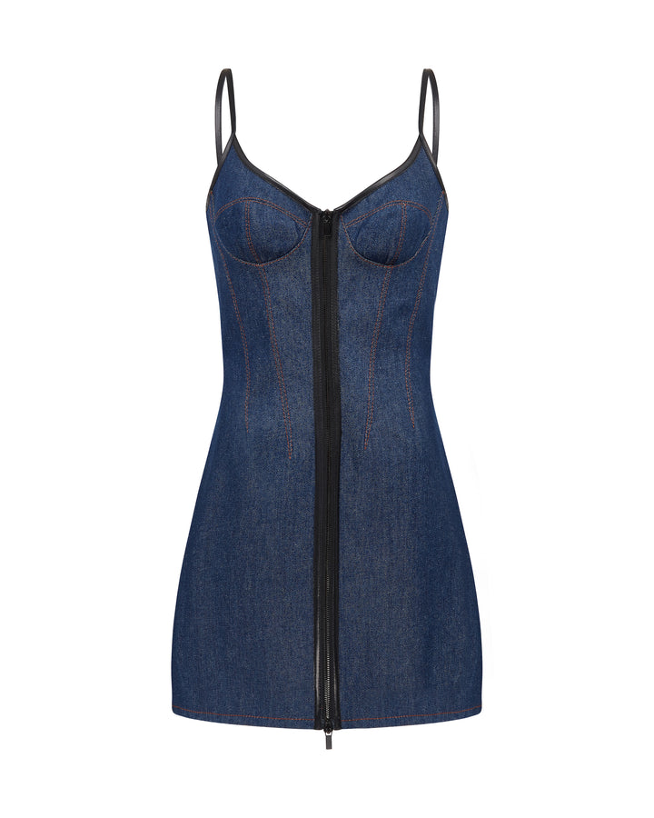 LEATHER TRIMMED MINI DENIM DRESS