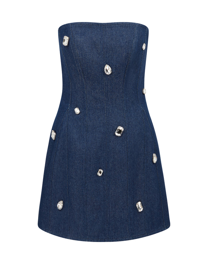 CRYSTAL EMBROIDERED DENIM AND CORSET MINI DRESS