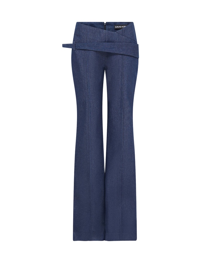 ASYMMETRIC WAIST DETAIL DENIM TROUSERS