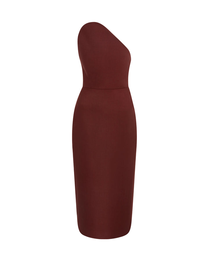 ASYMMETRIC CUT STRAPLESS MIDI DRESS