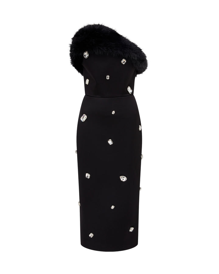 FAUX-FUR TRIM AND CRYSTAL EMBROIDERED MIDI DRESS