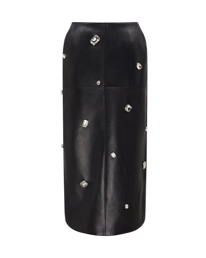 ALLOVER CRYSTAL EMBROIDERED LEATHER MIDI SKIRT