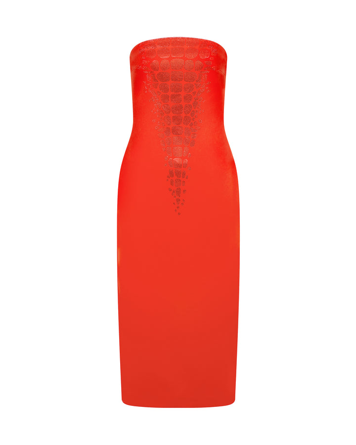 CROC RHINESTONE EMBROIDERY STRAPLESS MIDI DRESS