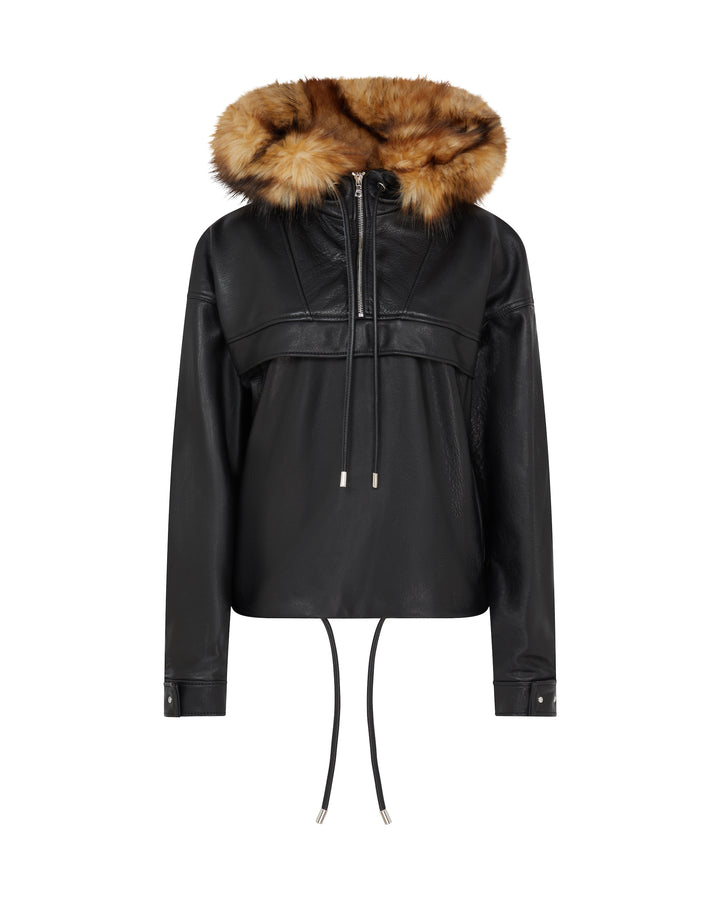 FAUX-FUR TRIMMED LEATHER HOODED ANORAK