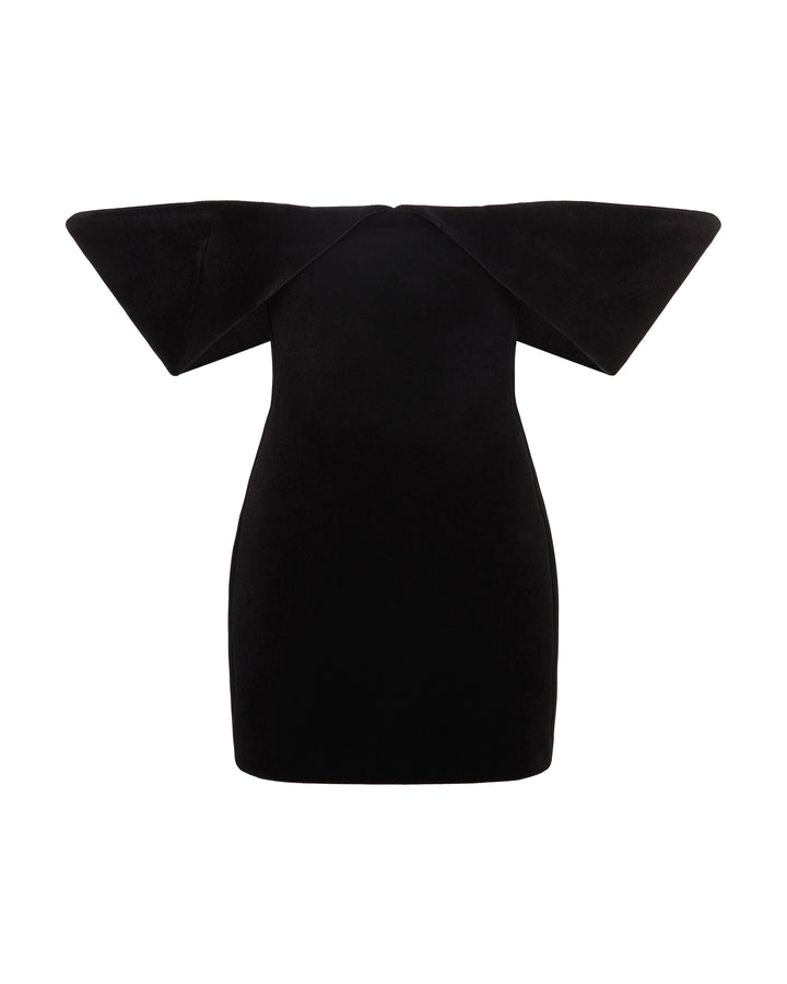 OFF SHOULDER SCULPTURED MINI DRESS IN BLACK