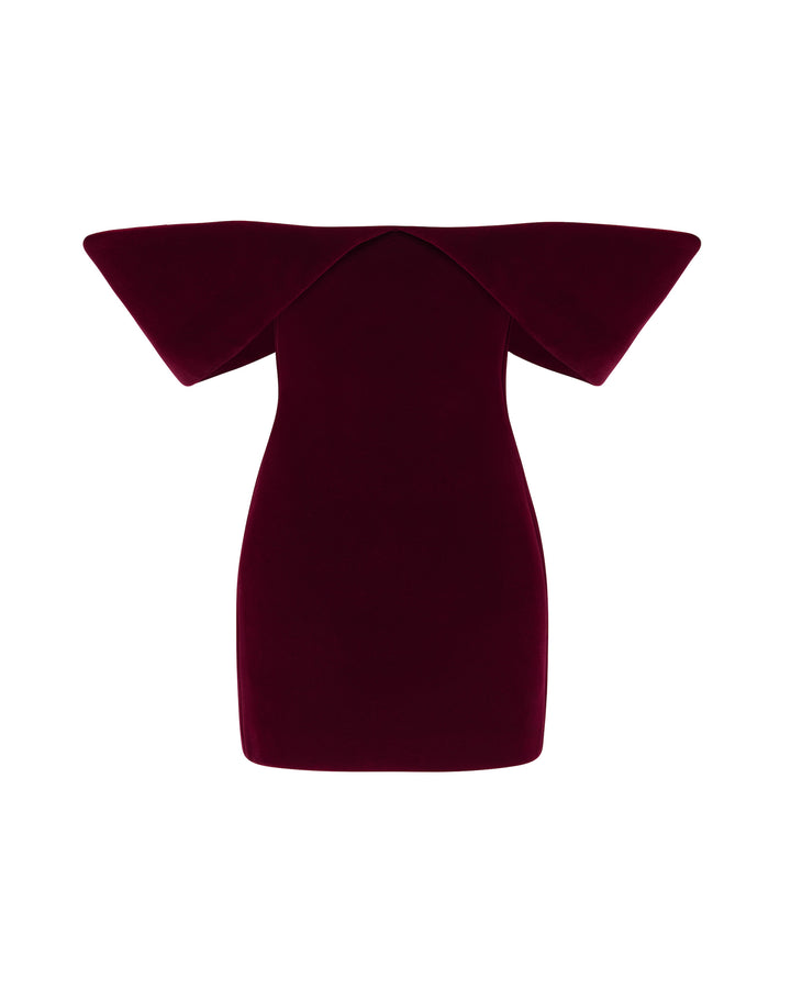 OFF SHOULDER SCULPTURED MINI DRESS IN BURGUNDY