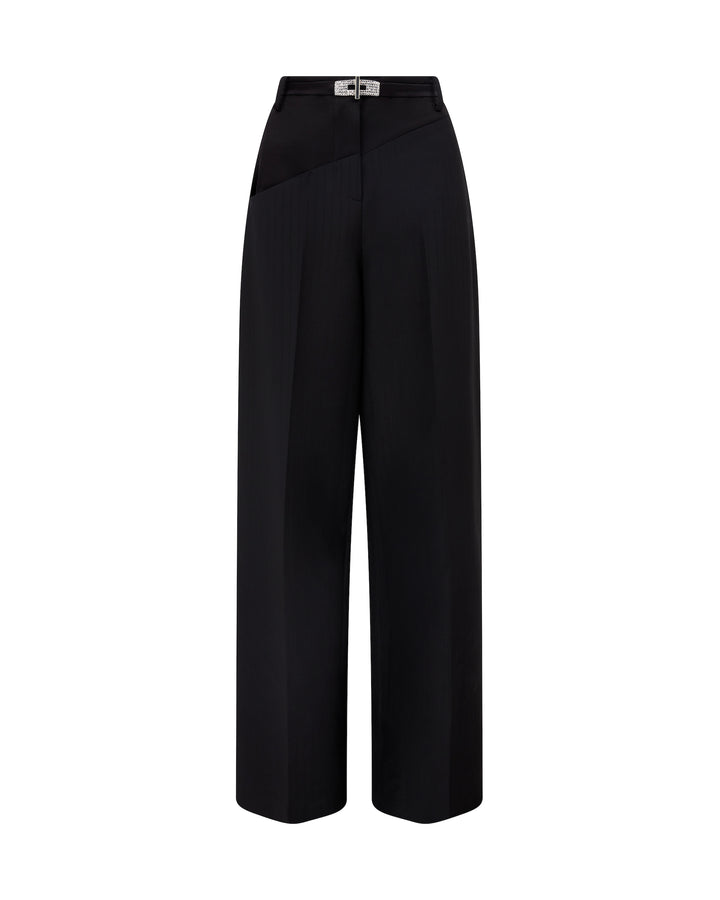 PINSTRIPE WOOL TAILORED TROUSERS WITH CRYSTAL BUCKLE BELT