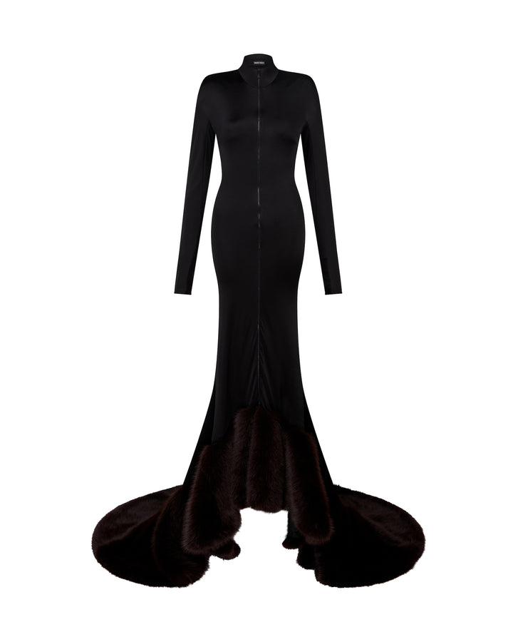 LONG SLEEVE GOWN WITH FAUX-FUR HEM
