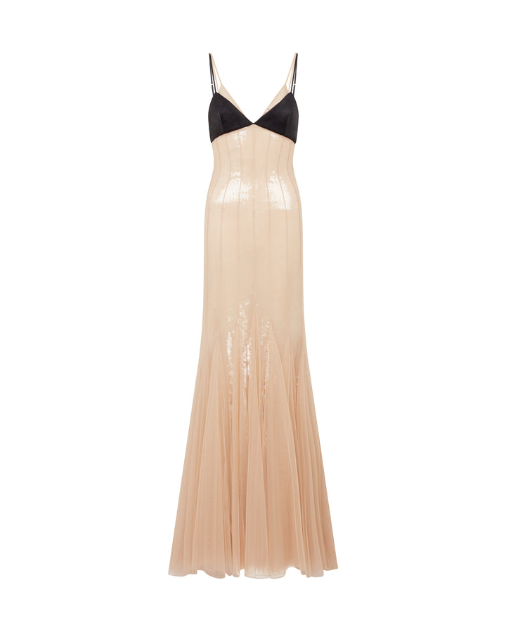 SATIN BRA AND SEQUIN UNDERLAY TULLE GOWN