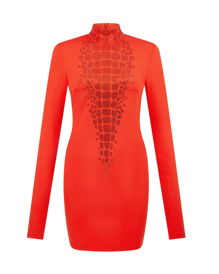 CROC RHINESTONE EMBROIDERY LONG SLEEVE MINI DRESS