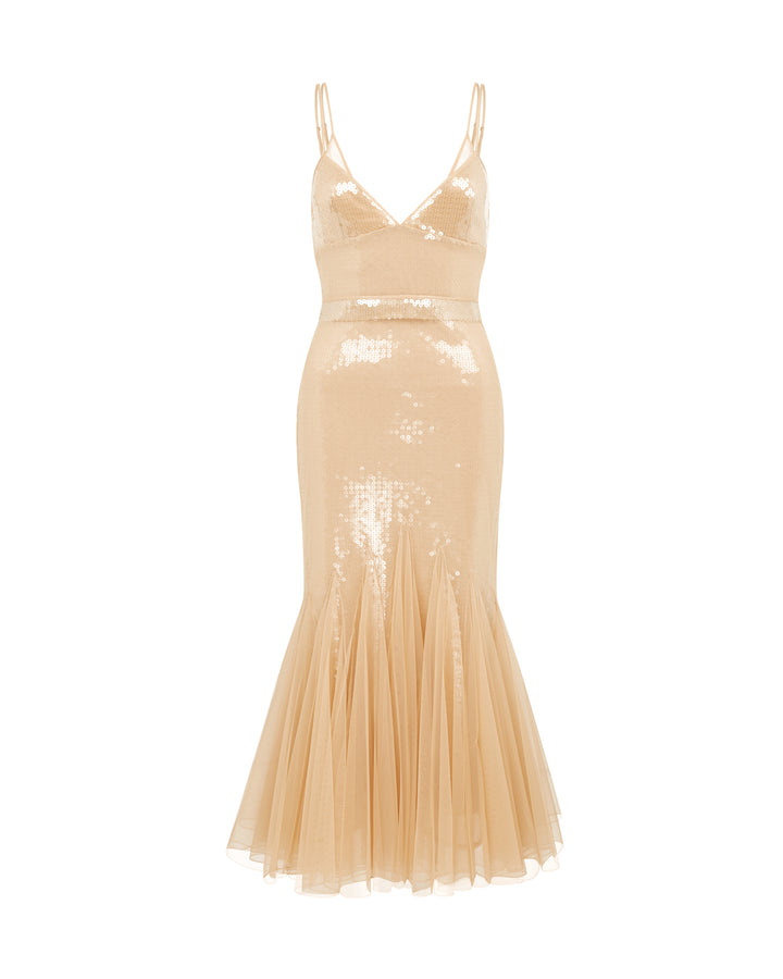 SEQUIN AND TULLE CAMI MIDI DRESS