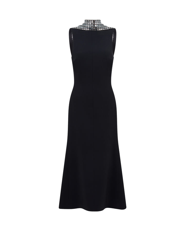 CRYSTAL RHINESTONE BACK DETAIL MIDI DRESS