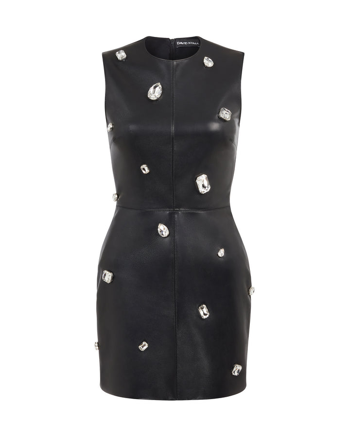CRYSTAL EMBROIDERED LEATHER MINI DRESS