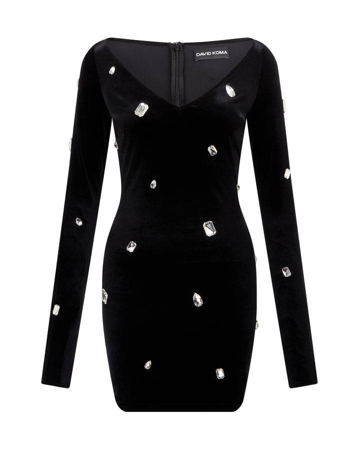 ALLOVER CRYSTAL EMBROIDERED VELVET MINI DRESS