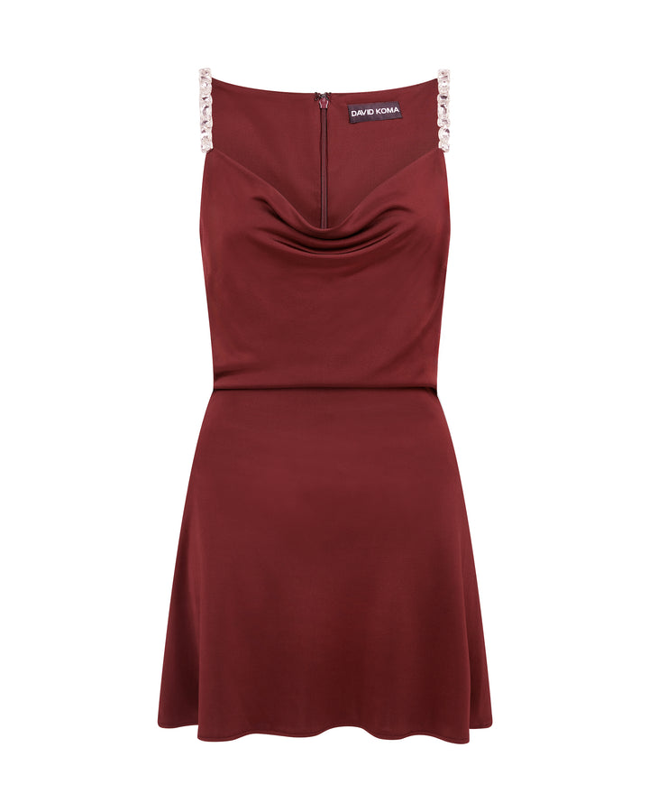 CRYSTAL EMBROIDERED STRAPS AND COWL MINI DRESS