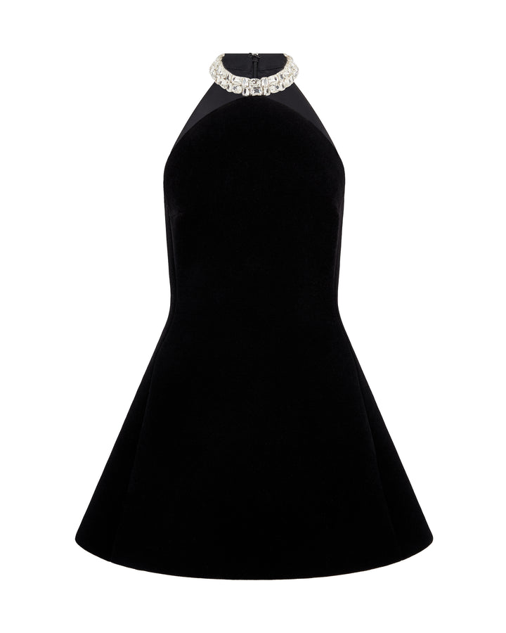 CRYSTAL EMBROIDERED CHOKER HALTER MINI DRESS