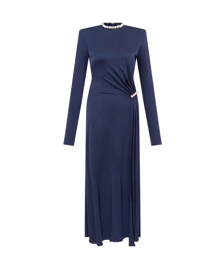 CRYSTAL EMBROIDERY NECK & WAIST DETAIL MIDI DRESS