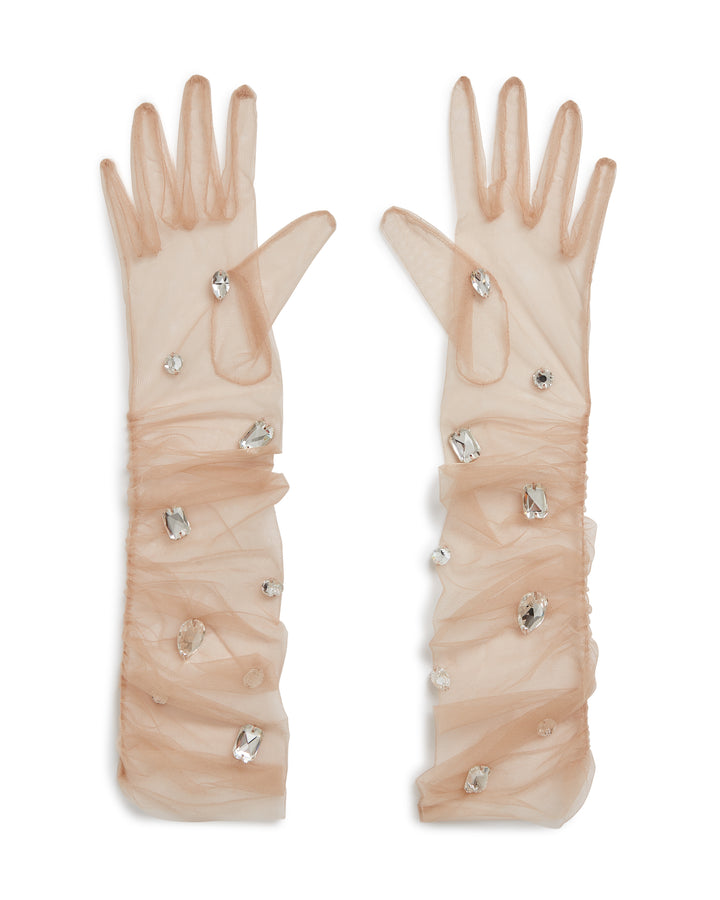 CRYSTAL EMBROIDERED TULLE GLOVES IN BEIGE