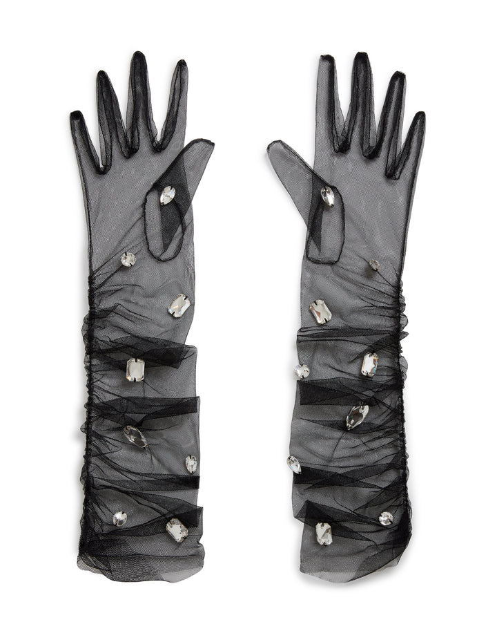 CRYSTAL EMBROIDERED TULLE GLOVES IN BLACK