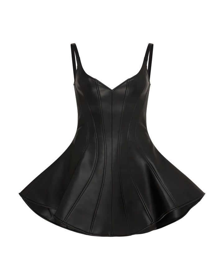 FLOUNCE HEM FAUX LEATHER DRESS