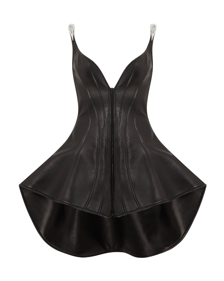 METALLIC CURVE EMB STRAP FLOUNCE HEM LEATHER DRESS