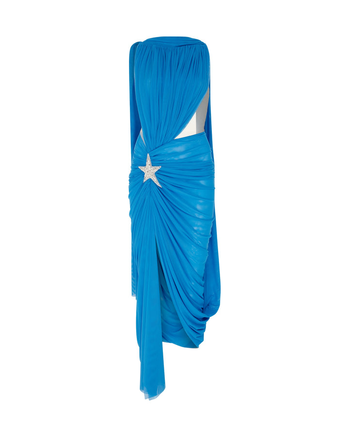 CRYSTAL STAR & CUTOUT DRAPED MIDI DRESS