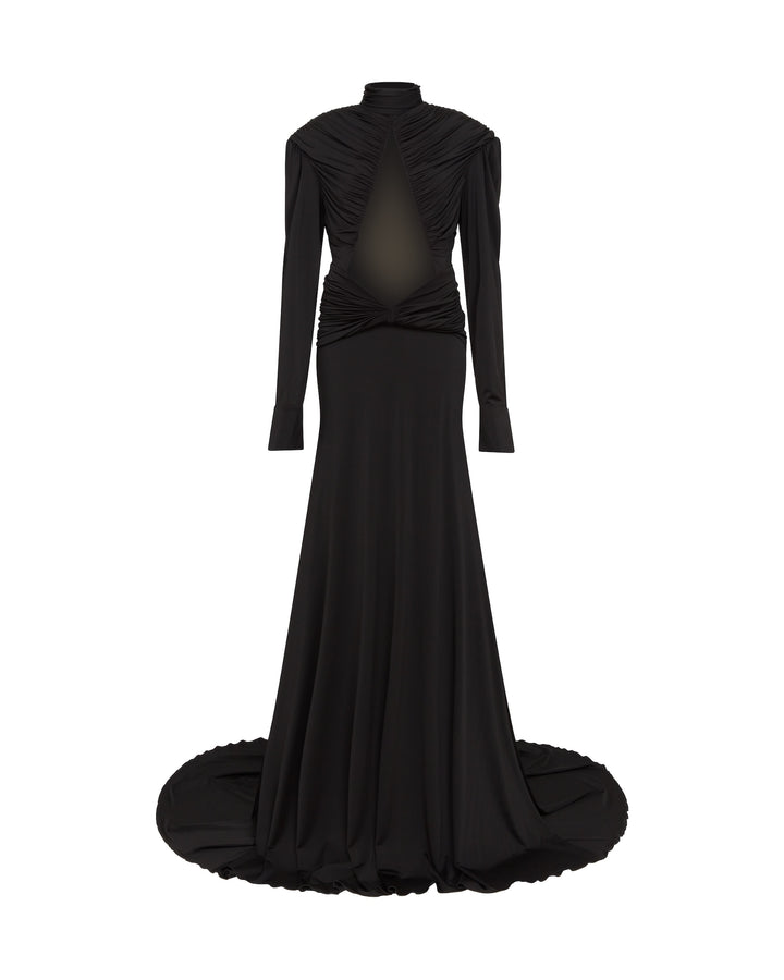 CUTOUT DETAIL LONG SLEEVE GOWN IN BLACK
